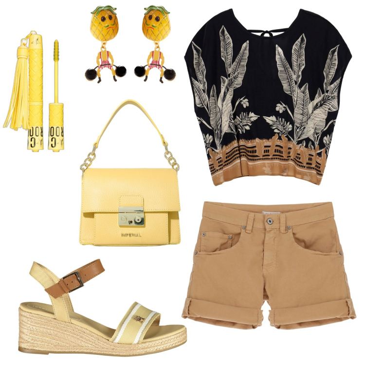 Outfit donna - Botanical Style. Stile Casual per Tutti i giorni. Abbinamento con orecchini, mascara, shorts, pochette, bluse, sandali col tacco.