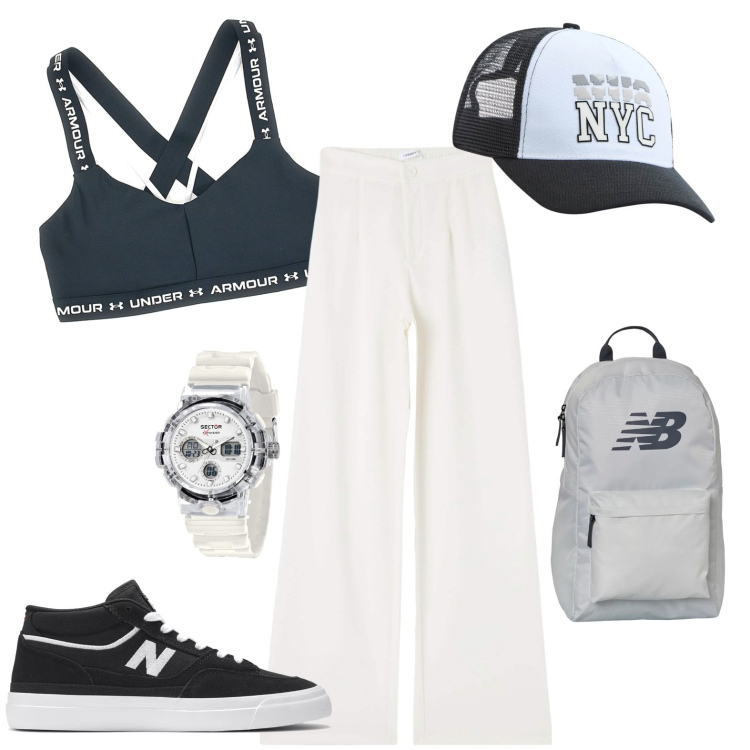 Outfit donna - Sport. Stile Minimal per Sport. Abbinamento con orologi, pantaloni, cappelli, sneakers, zaini, top.