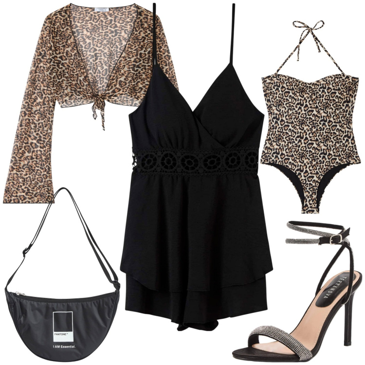 Outfit donna - Animalier by Terranova. Stile Chic per Serata fuori. Abbinamento con costumi interi, marsupi, tuta corta, bolero, sandali col tacco.