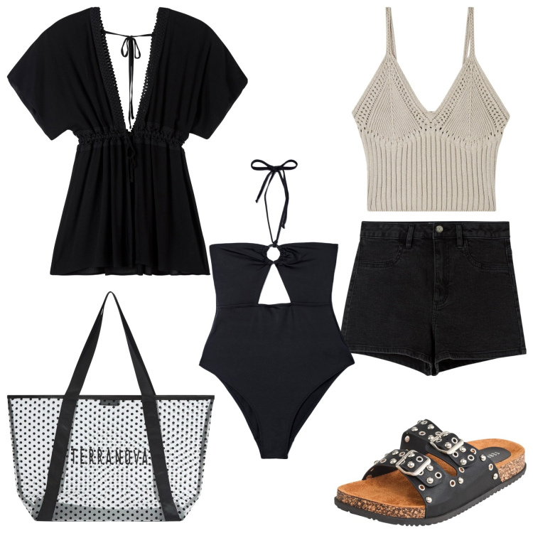 Outfit donna - Top crochet & kaftano. Stile Casual chic per Mare. Abbinamento con shorts, caftani, ciabatte, costumi interi, shopping bag, top.