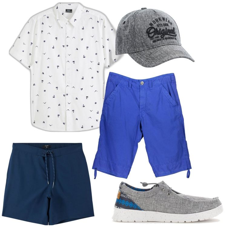 Outfit uomo - In barca con gli amici. Stile Casual per Mare. Abbinamento con camicie a manica corta, costumi, cappelli, scarpe stringate, bermuda.