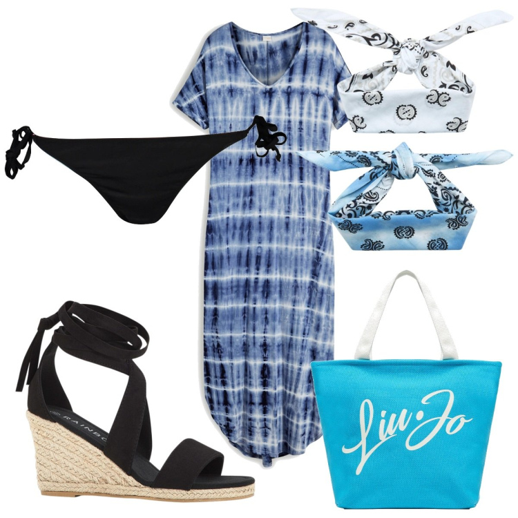 Outfit donna - Total look #1889603. Stile Trendy per Mare. Abbinamento con vestiti lunghi, sandali, fasce per capelli, shopping bag, costumi.