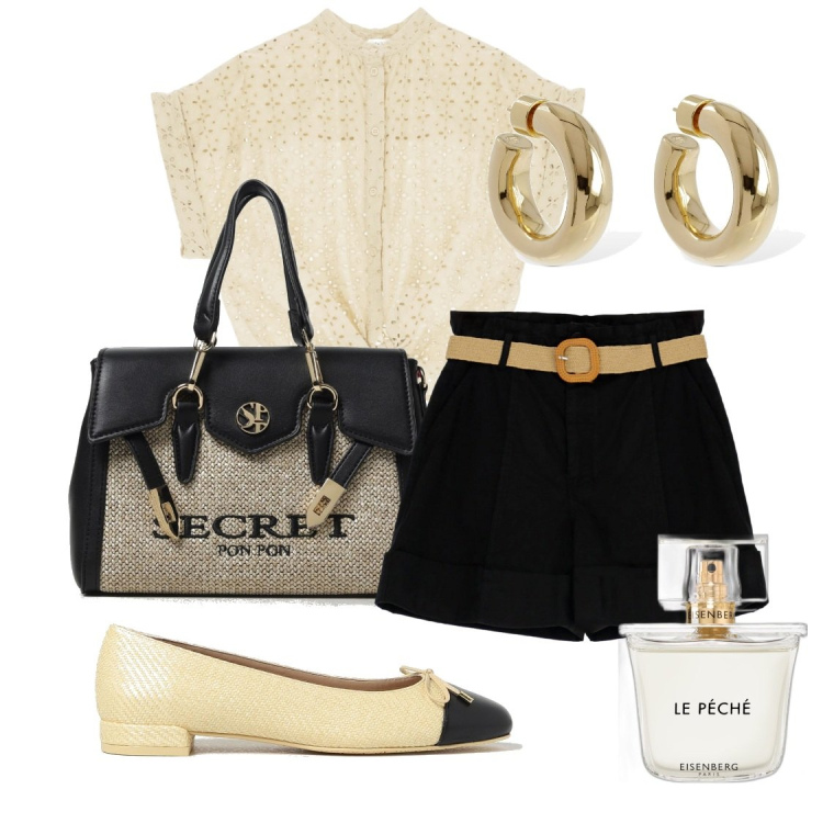 Outfit donna - Bon ton. Stile Bon Ton per Tutti i giorni. Abbinamento con profumi, shorts, bluse, borse a mano, ballerine, orecchini.