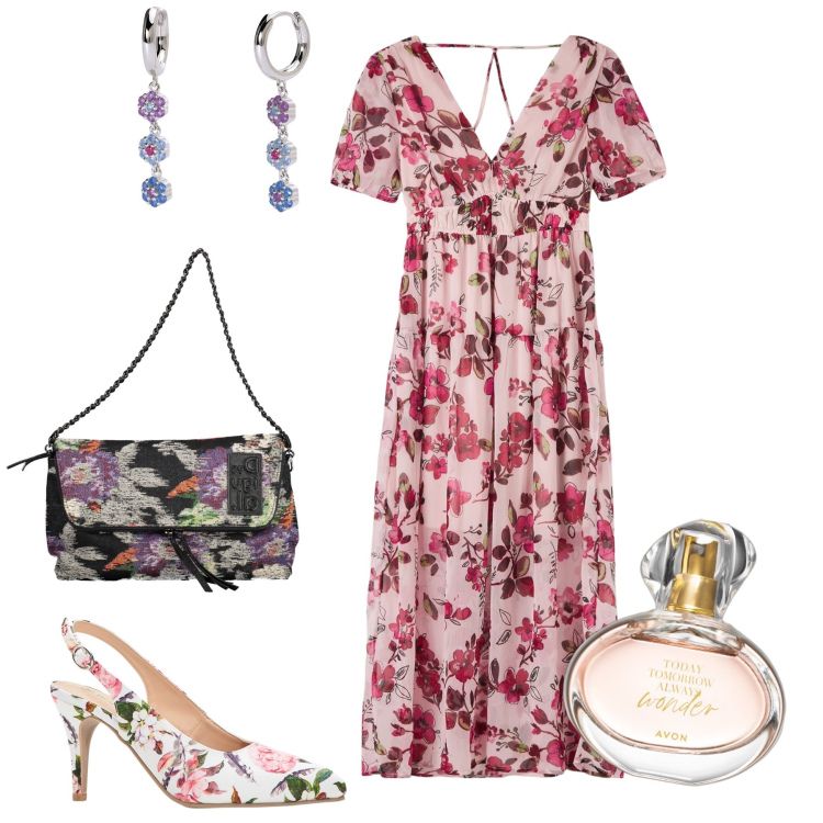 Outfit donna - Stampe bouquet. Stile Bon Ton per Serata fuori. Abbinamento con décolleté, profumi, vestiti, orecchini, borse a mano.