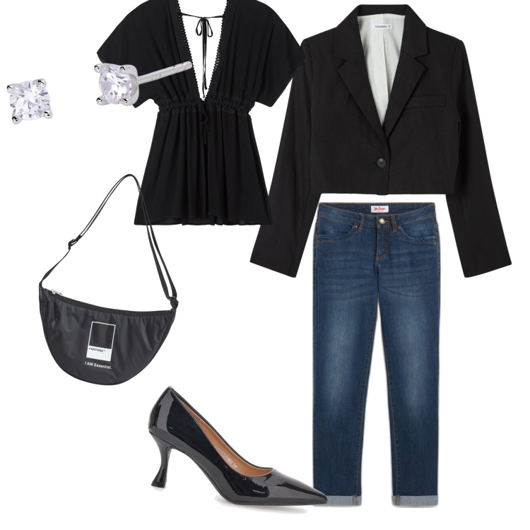 Outfit donna - Total look. Stile Chic per Tutti i giorni. Abbinamento con jeans dritti, marsupi, caftani, blazer, orecchini, décolleté.