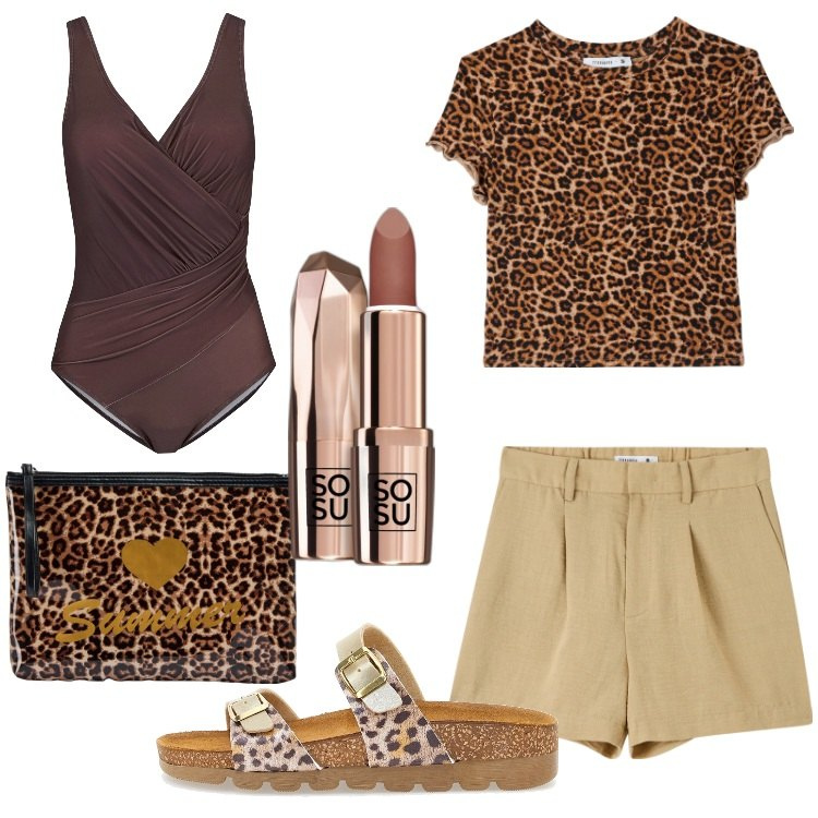 Outfit donna - Dettagli animalier in spiaggia. Stile Trendy per Mare. Abbinamento con costumi interi, rossetti, bermuda, t-shirt, costumi, ciabatte.