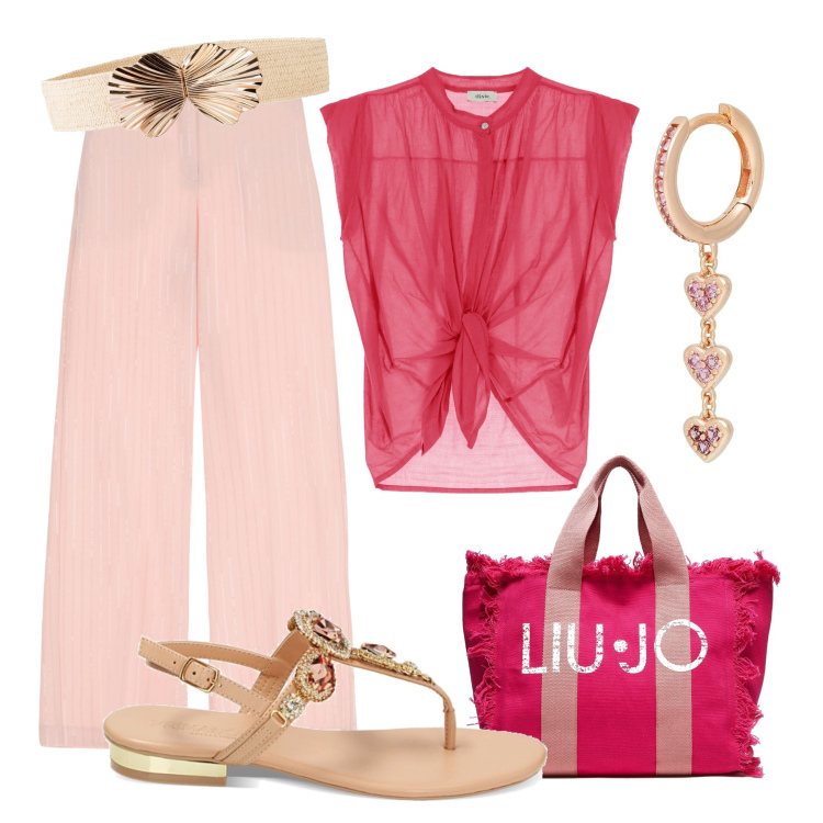 Outfit donna - Leggera in fragola, cipria e oro. Stile Casual chic per Tutti i giorni. Abbinamento con cinture, orecchini, camicie, pantaloni, ciabatte, shopping bag.