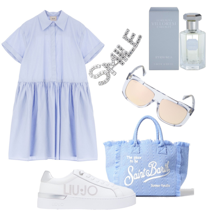 Outfit donna - Smile !. Stile Trendy per Tutti i giorni. Abbinamento con orecchini, profumi, vestiti midi/longuette, occhiali da sole, sneakers, borse a spalla.