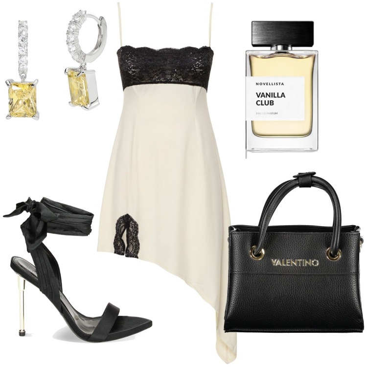 Outfit donna - Color burro e profumo di vaniglia. Stile Glamour per Serata fuori. Abbinamento con profumi, orecchini, sandali col tacco, vestiti asimmetrici, borse a spalla.