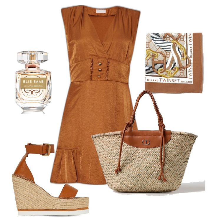 Outfit donna - Abito leggero in crepe. Stile Chic per Tutti i giorni. Abbinamento con profumi, vestiti, zaini, espadrillas, sciarpe.