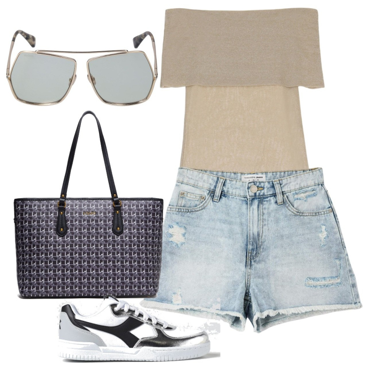 Outfit donna - Passeggiata. Stile Urban per Tutti i giorni. Abbinamento con shorts, top, sneakers, occhiali da sole, shopping bag.