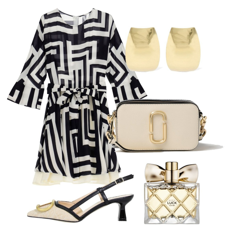 Outfit donna - Fantasie geometriche. Stile Chic per Cerimonia. Abbinamento con profumi, vestiti corti, sandali in pelle, orecchini, borse a tracolla.