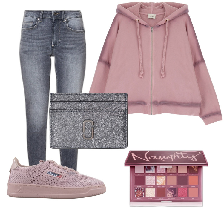Outfit donna - Total look #1889743. Stile Urban per Tutti i giorni. Abbinamento con ombretti, felpe con cappuccio, sneakers, jeans skinny, portafogli.