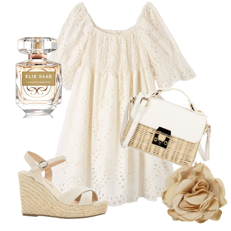 Outfit donna - Abito corto in sangallo. Stile Boho per Tutti i giorni. Abbinamento con sandali, profumi, vestiti corti, borse a tracolla, braccialetti.