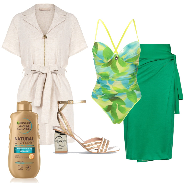 Outfit donna - Total look #1889758. Stile Glamour per Mare. Abbinamento con terre, vestiti corti, costumi interi, vestiti da spiaggia, sandali col tacco.