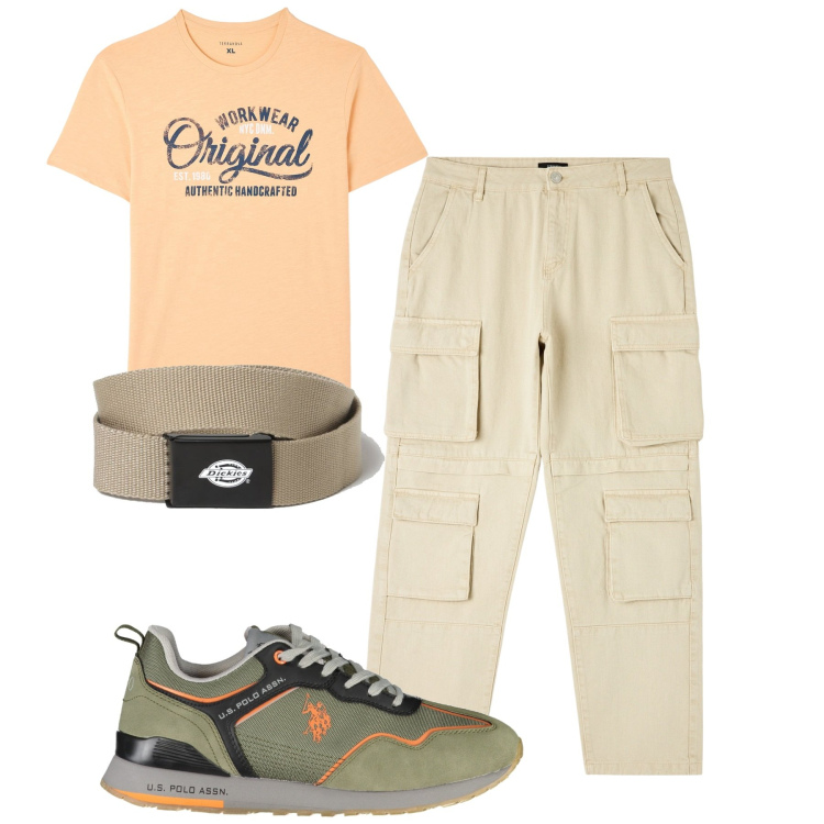 Outfit uomo - Arancio. Stile Casual per Tutti i giorni. Abbinamento con t-shirt, pantaloni cargo, scarpe sportive, cinture.