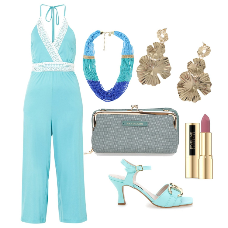 Outfit donna - Ghost outfitter - giugno. Stile Glamour per Cerimonia. Abbinamento con tute, rossetti, collane, orecchini, sandali col tacco, pochette.