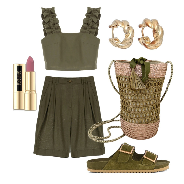 Outfit donna - Ghost outfitter - giugno. Stile Trendy per Tutti i giorni. Abbinamento con orecchini, rossetti, bermuda, top, borse a secchiello, sandali.