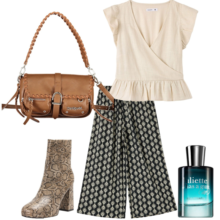 Outfit donna - W gli anni ‘70. Stile Vintage retrò per Tutti i giorni. Abbinamento con profumi, pantaloni a palazzo, bluse, stivaletti, borse a spalla.