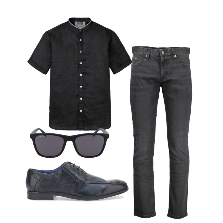 Outfit uomo - Antracite. Stile Casual per Tutti i giorni. Abbinamento con camicie a manica corta, occhiali da sole, jeans slim fit, scarpe stringate.