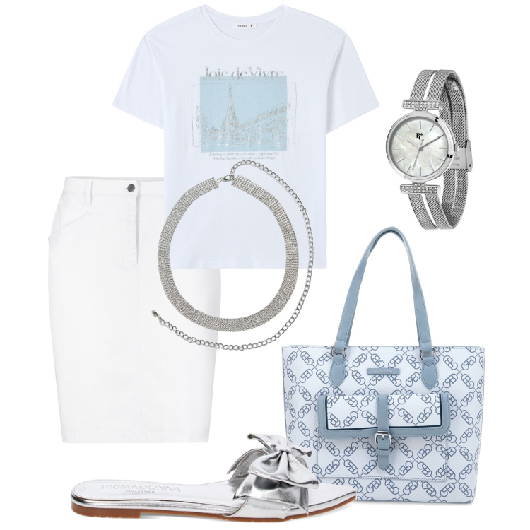 Outfit donna - A mio agio. Stile Trendy per Tutti i giorni. Abbinamento con gonne, orologi, cinture, t-shirt, sandali, borse a spalla.