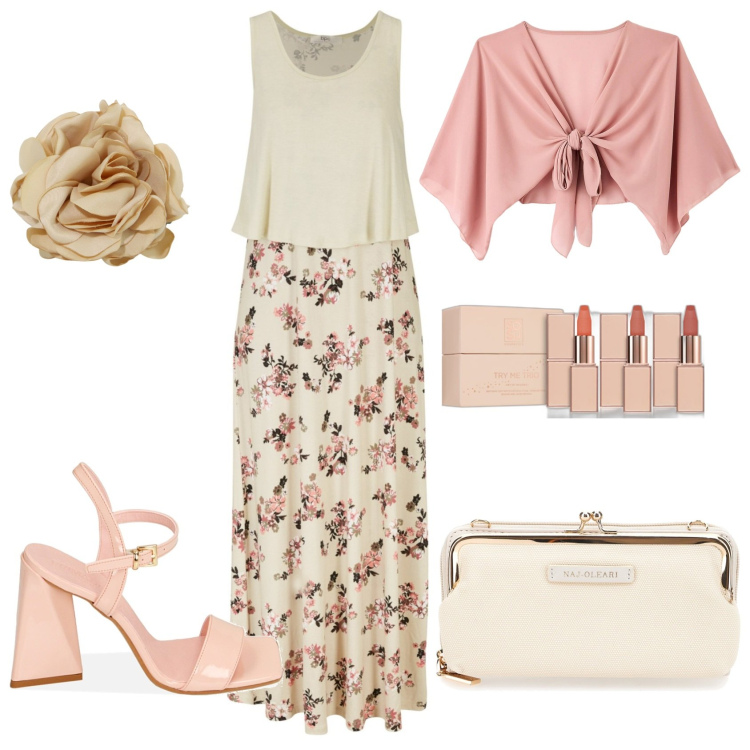 Outfit donna - Una cena romantica all\'aperto. Stile Romantica per Serata fuori. Abbinamento con vestiti lunghi, rossetti, blazer, sandali col tacco, braccialetti, pochette.