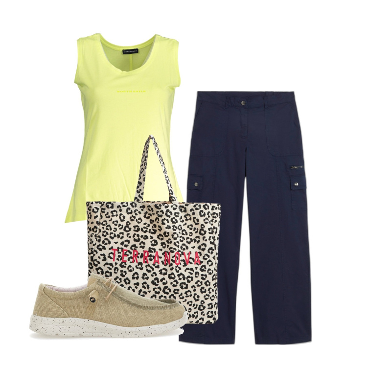 Outfit donna - Pratica. Stile Basic per Tutti i giorni. Abbinamento con pantaloni cargo, shopping bag, mocassini, canottiere.