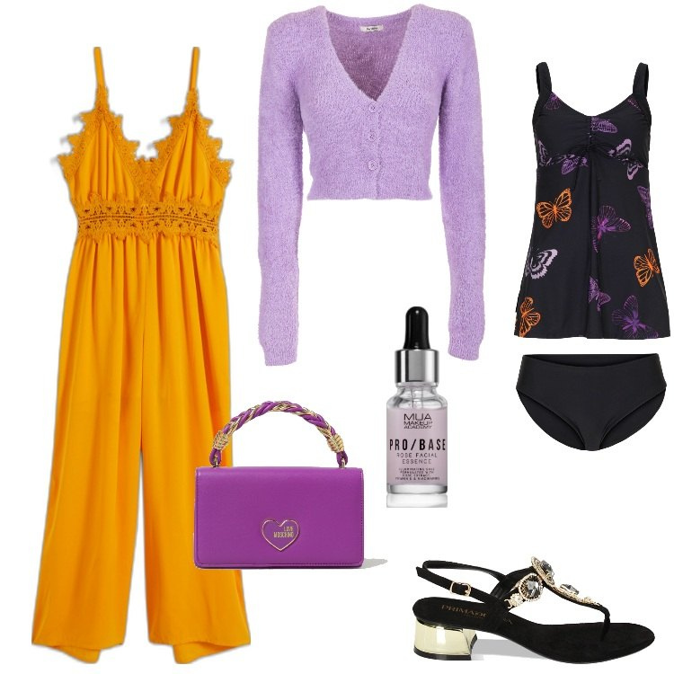 Outfit donna - Total look #1889859. Stile Boho per Mare. Abbinamento con tute, costumi interi, primer, cardigans, sandali gioiello, borse a tracolla.