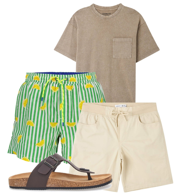 Outfit uomo - Mare. Stile Casual per Mare. Abbinamento con t-shirt, shorts, sandali, costumi.