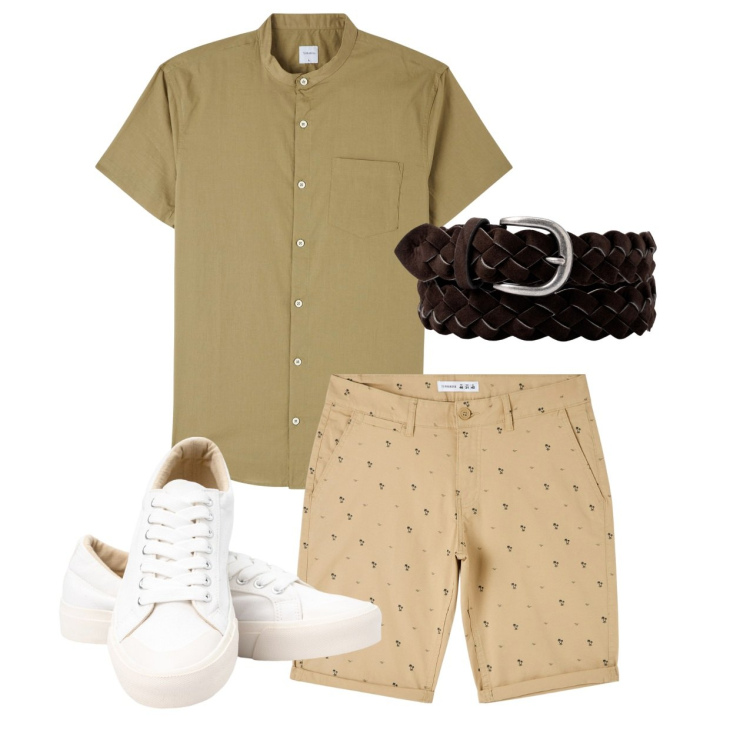 Outfit uomo - Mattina. Stile Casual per Tutti i giorni. Abbinamento con camicie a manica corta, shorts, sneakers, cinture.