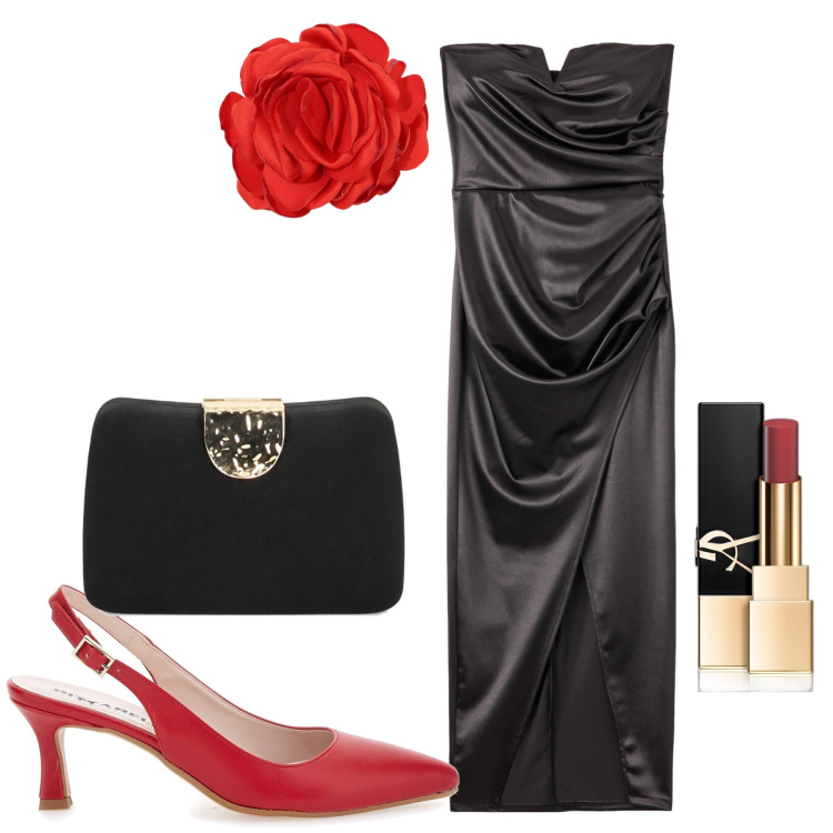Outfit donna - Le rouge et le noir. Stile Sexy per Serata fuori. Abbinamento con rossetti, vestiti lunghi, clutch, braccialetti, décolleté.