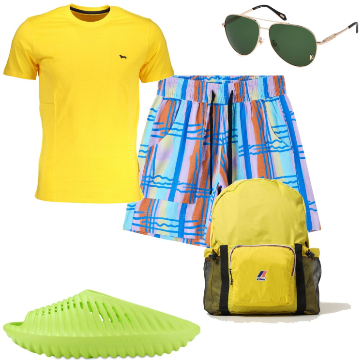 Outfit uomo - Il mare. Stile Casual per Mare. Abbinamento con bermuda, t-shirt, sandali, occhiali da sole, borse sportive.