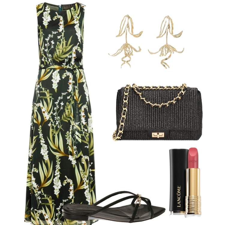Outfit donna - Sere d\'estate. Stile Romantica per Serata fuori. Abbinamento con vestiti lunghi, rossetti, borse a tracolla, sandali, orecchini.