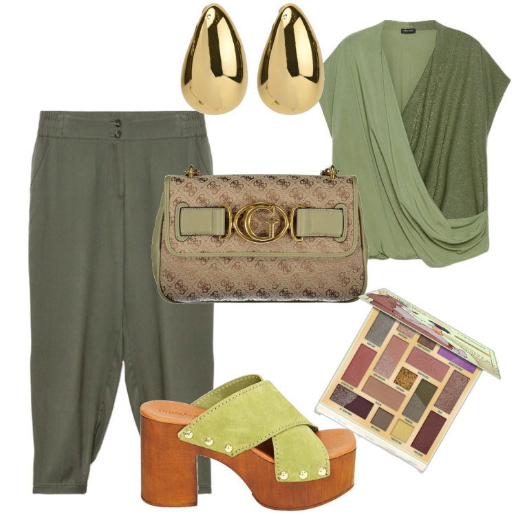 Outfit donna - Total look #1889903. Stile Trendy per Tutti i giorni. Abbinamento con orecchini, ombretti, sandali col tacco, bluse, pantaloni, borse a tracolla.