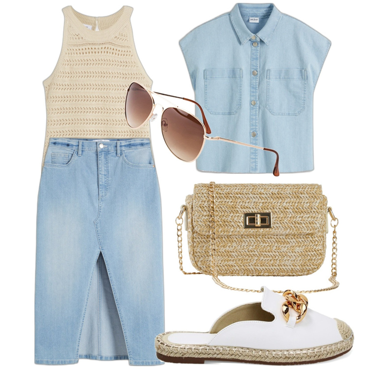 Outfit donna - Total look #1889908. Stile Basic per Tutti i giorni. Abbinamento con camicie, occhiali da sole, gonne longuette, borse a mano, top, sabot.