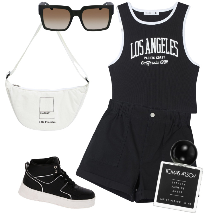 Outfit donna - La classe no è acqua, ma un profumo. Stile Casual chic per Sport. Abbinamento con profumi, canottiere, shorts, marsupi, sneakers, occhiali da sole.