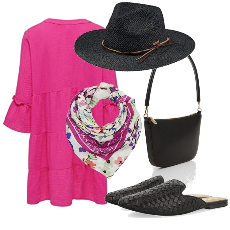 Outfit femme - Juin 2024 : boho fuchsia. Style Boho pour Tous les jours. Assortir avec robes courtes, ballerines, chapeaux, sacs à l'épaule, écharpes.