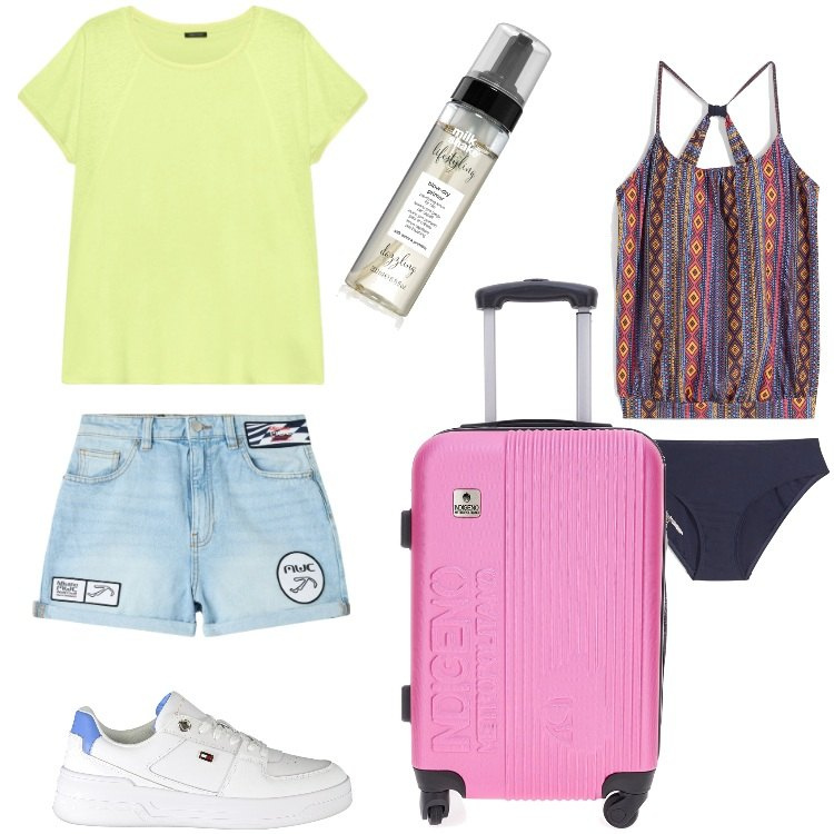 Outfit donna - Total look #1889960. Stile Trendy per Mare. Abbinamento con costumi interi, primer, shorts, valigie, sneakers, t-shirt.