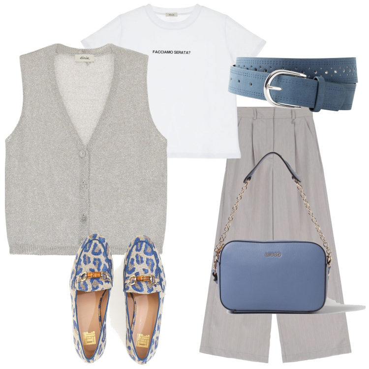 Outfit donna - Facciamo serata. Stile Casual per Serata fuori. Abbinamento con cinture, pantaloni, gilet, t-shirt, mocassini, borse a tracolla.