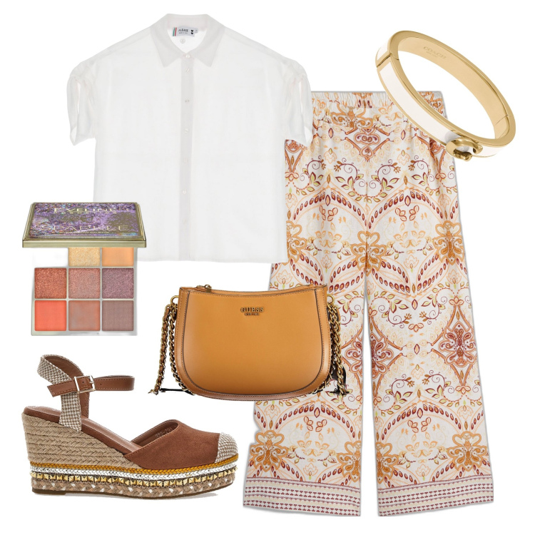 Outfit donna - Fresco lino. Stile Casual chic per Serata fuori. Abbinamento con pantaloni a palazzo, braccialetti, ombretti, camicie a manica corta, espadrillas, borse a spalla.