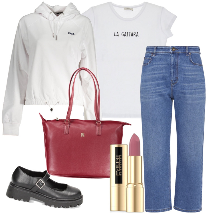 Outfit donna - Total look. Stile Basic per Tutti i giorni. Abbinamento con rossetti, ballerine, t-shirt, borse a spalla, jeans dritti, felpe con cappuccio.