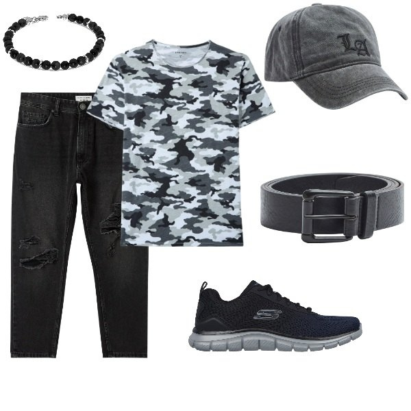 Outfit uomo - grey military. Stile Casual per Tutti i giorni. Abbinamento con jeans strappati, t-shirt, cappelli, cinture, sneakers, braccialetti.