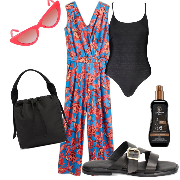Outfit donna - Tuta come copricostume. Stile Casual chic per Mare. Abbinamento con tute, terre, ciabatte, costumi, occhiali da sole, borse a mano.