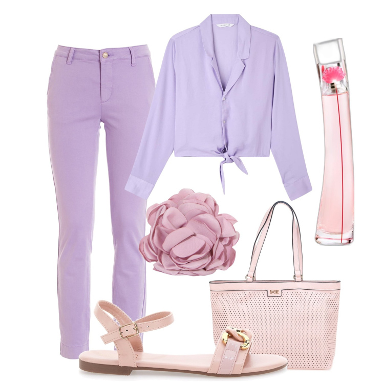 Outfit donna - Ufficio rosa & lilla. Stile Casual chic per Ufficio. Abbinamento con profumi, camicie, pantaloni, braccialetti, borse a spalla, sandali.