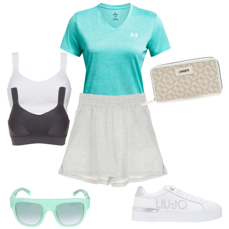 Outfit donna - Corsa mattutina. Stile Sporty chic per Sport. Abbinamento con reggiseni, shorts, sneakers, portafogli, occhiali da sole, t-shirt.