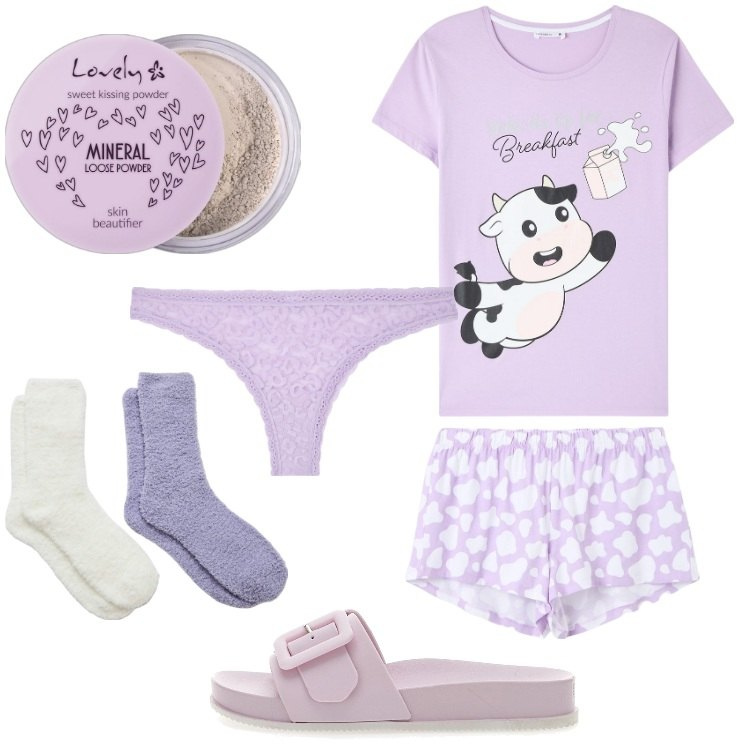 Outfit donna - Homewear in lilla. Stile Basic per Tutti i giorni. Abbinamento con ciprie, pigiama, calzini, culotte, ciabatte.