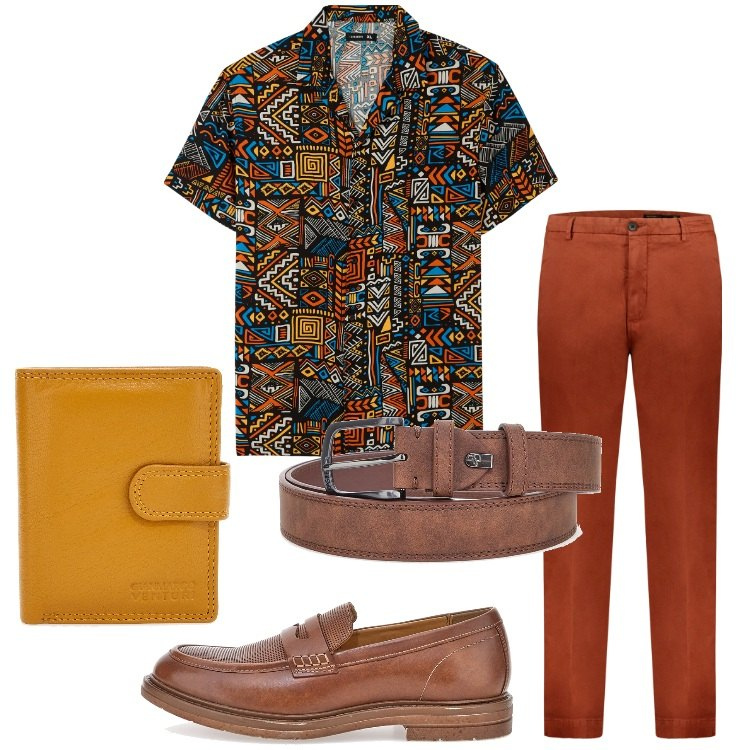 Outfit uomo - Camicia a fantasia etnica. Stile Trendy per Serata speciale. Abbinamento con camicie a manica corta, pantaloni, portafogli, cinture, scarpe stringate.