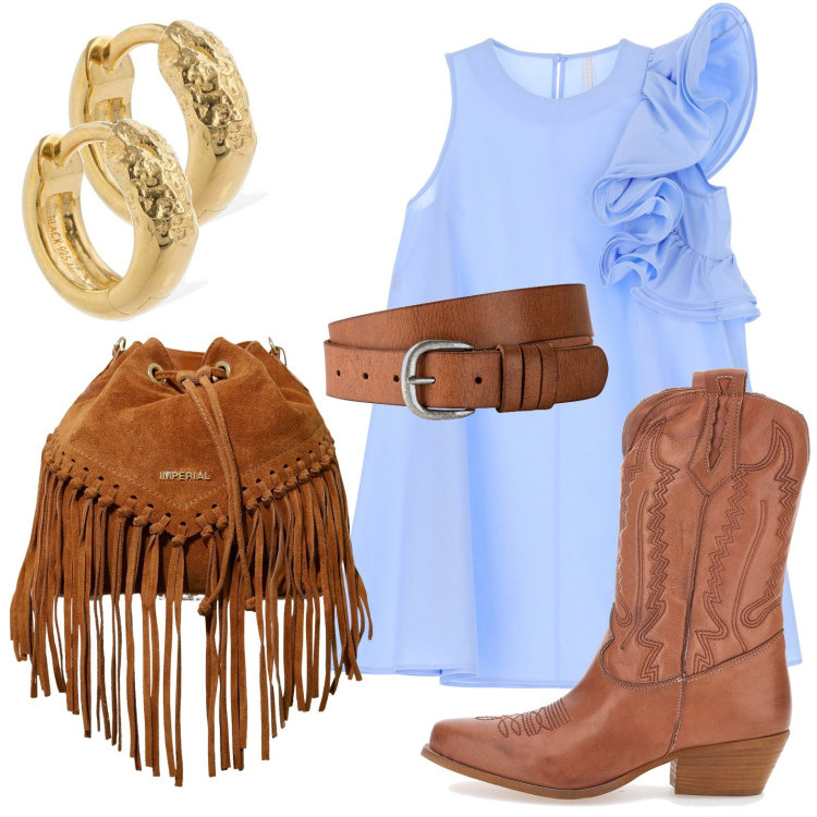 Outfit donna - Cowgirl. Stile Casual per Tutti i giorni. look ideale per Petite. Abbinamento con cinture, vestiti corti, borse a secchiello, stivali, orecchini.