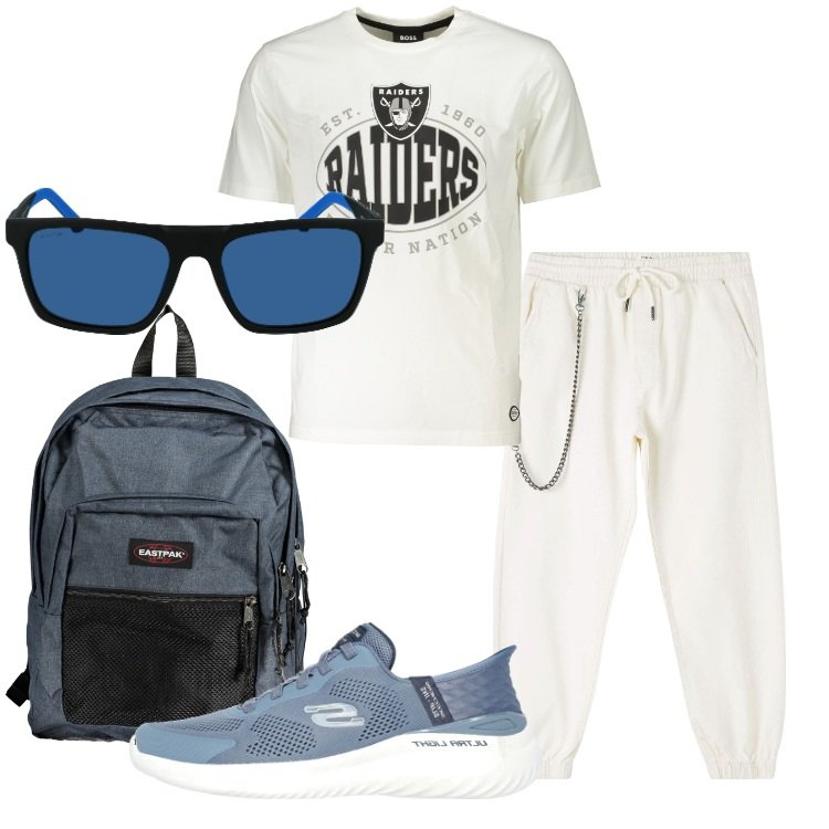 Outfit uomo - Sport in bianco. Stile Casual per Sport. Abbinamento con pantaloni sportivi, scarpe sportive, t-shirt, borse sportive, occhiali da sole.
