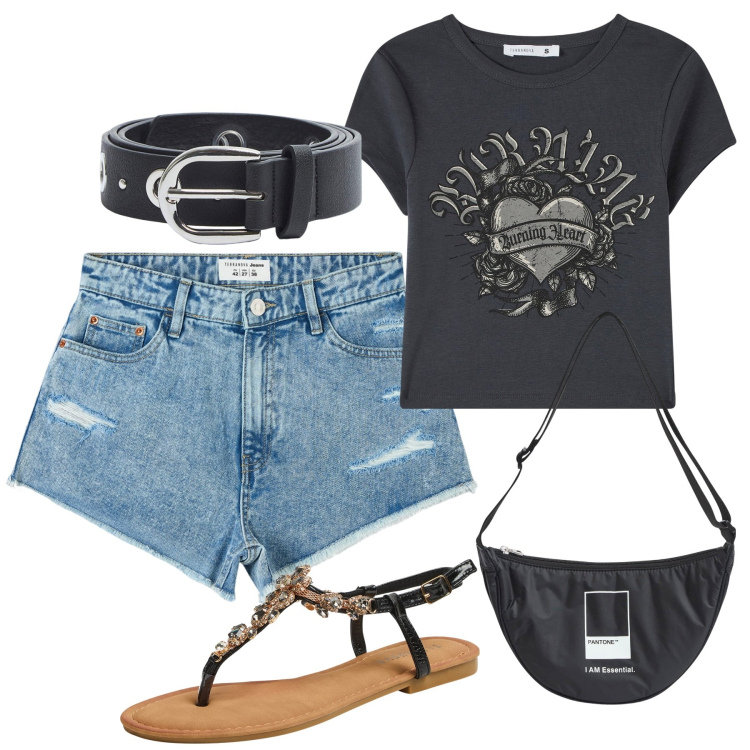 Outfit donna - Total look #1890063. Stile Casual per Serata fuori. Abbinamento con t-shirt, marsupi, shorts, cinture, sandali gioiello.